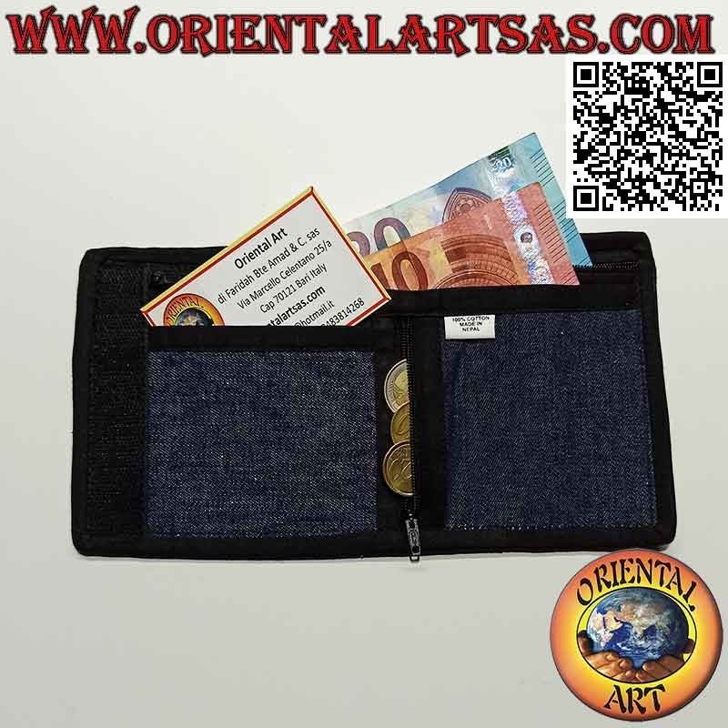 Portafogli nepalese (4 tasche con 2 zip) "decorazione floreale" in 100% cotone jeans