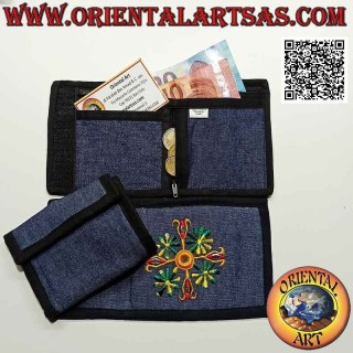 Nepalese wallet (4 pockets with 2 zips) "flower with 4 mirrors" in 100% cotton jeans