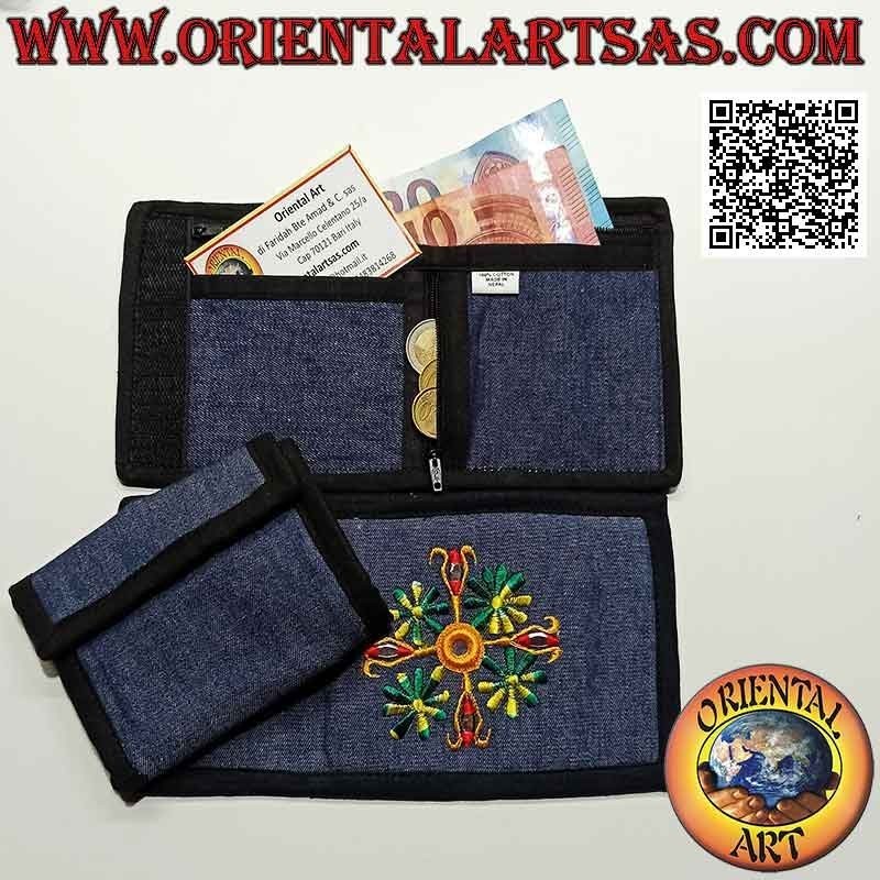 Portafogli nepalese (4 tasche con 2 zip) "fiore con 4 specchietti" in 100% cotone jeans