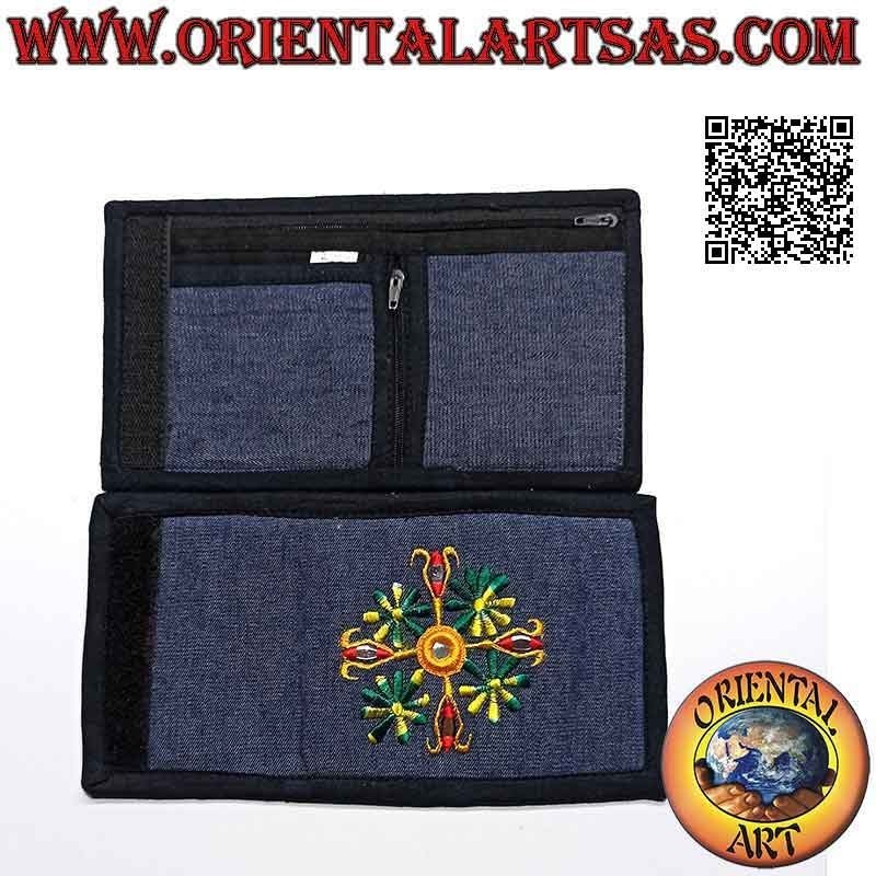 Cartera nepalesa (4 bolsillos con 2 cremalleras) "flor con 4 espejos" en jeans 100% algodón