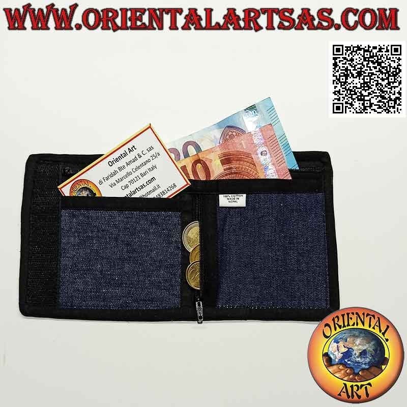 Nepalese wallet (4 pockets with 2 zips) "flower with 4 mirrors" in 100% cotton jeans