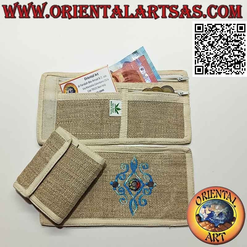 Nepalese wallet (4 pockets with 2 zips) "mirror decoration" in 100% hemp
