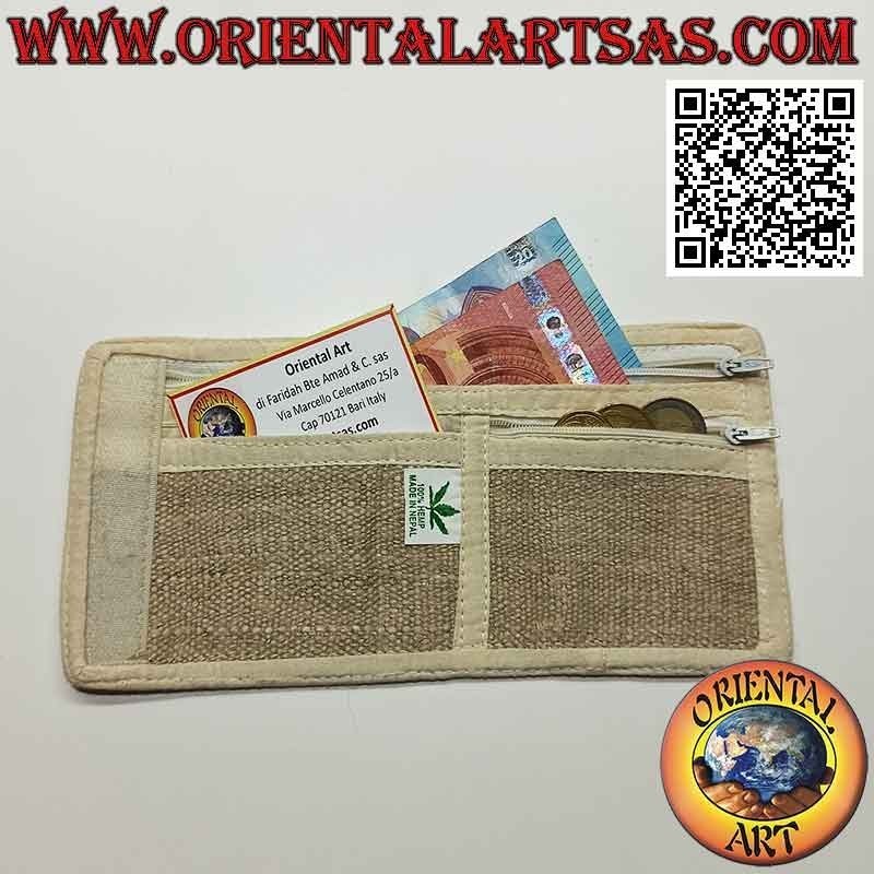 Cartera nepalí (4 bolsillos con 2 cremalleras) "decoración de espejo" en cáñamo 100%
