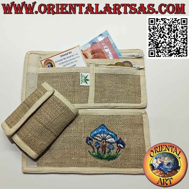 Portafogli nepalese (4 tasche con 2 zip) "i funghetti" in 100% canapa