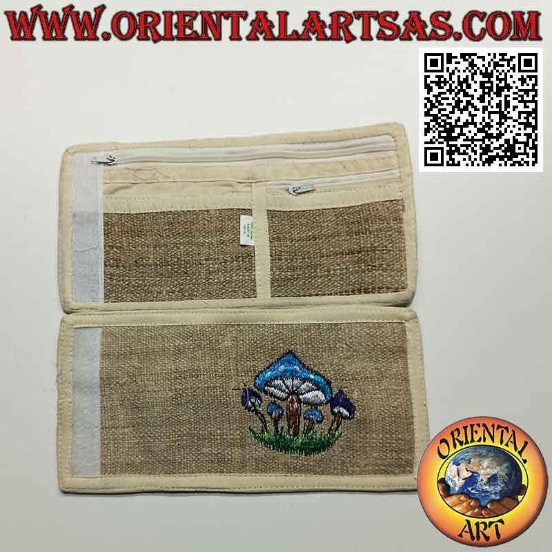 Cartera nepalesa (4 bolsillos con 2 cremalleras) "las setas" en cáñamo 100%
