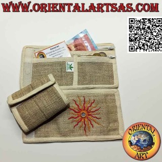 Nepalese wallet (4 pockets with 2 zips) "the sun with the mirror" in 100% hemp