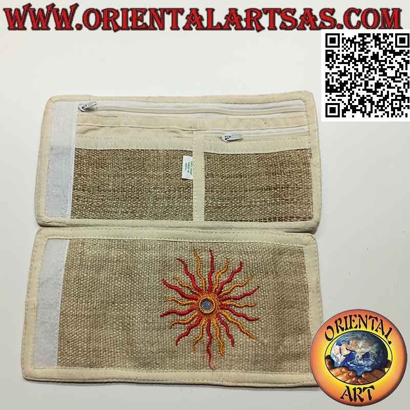 Cartera nepalí (4 bolsillos con 2 cremalleras) "el sol con el espejo" en 100% cáñamo