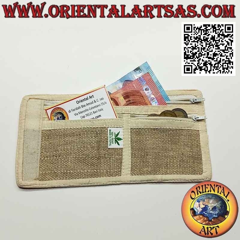 Nepalese wallet (4 pockets with 2 zips) "the sun with the mirror" in 100% hemp