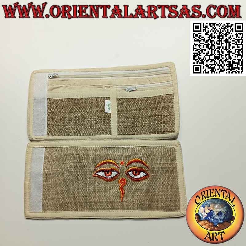 Nepalesische Geldbörse (4 Taschen mit 2 Reißverschlüssen) "Buddha's Eyes" in 100% Hanf