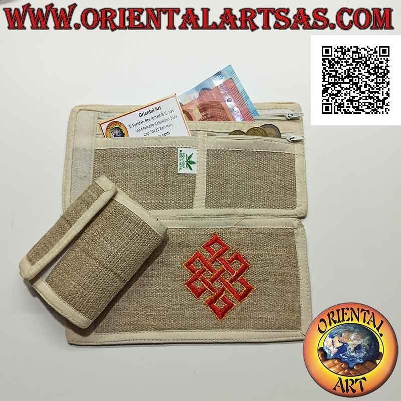 Portafogli nepalese (4 tasche con 2 zip) "Srivatsa, simbolo dell'infinito tibetano" in 100% canapa
