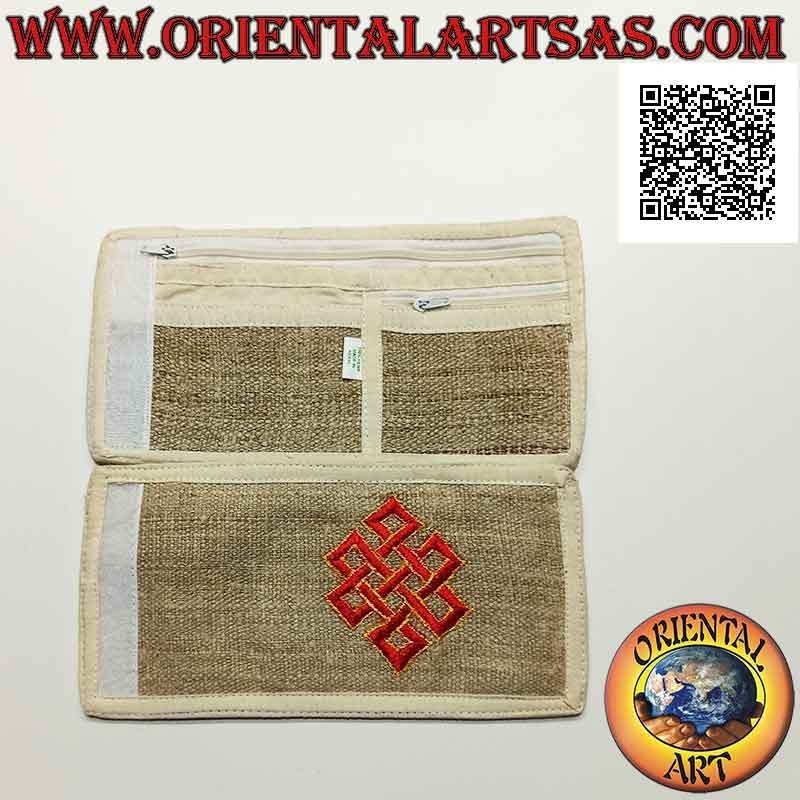 Nepalese wallet (4 pockets with 2 zips) "Srivatsa, symbol of Tibetan infinity" in 100% hemp