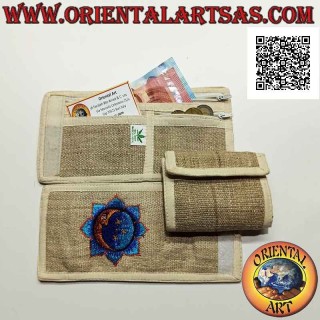 Portafogli nepalese (4 tasche con 2 zip) "Sole e luna" in 100% canapa