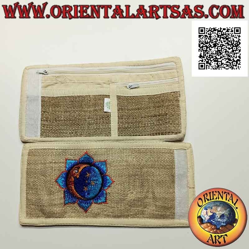Nepalese wallet (4 pockets with 2 zips) "Sun and moon" in 100% hemp