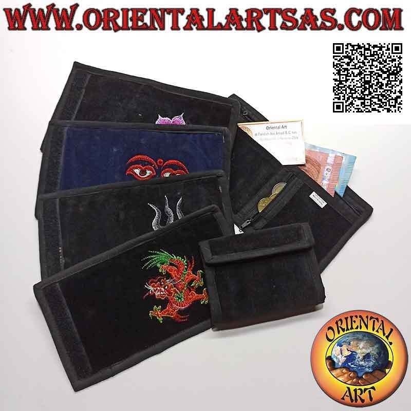Cartera nepalí (4 bolsillos con 2 cremalleras) con decoración cosida a mano en terciopelo 100% algodón