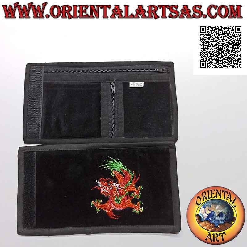 Portafogli nepalese (4 tasche con 2 zip) con decorazione cucita a mano in velluto di cotone 100%