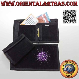 Portafogli nepalese (4 tasche con 2 zip) "il sole con decoro centrale" in velluto di cotone 100%