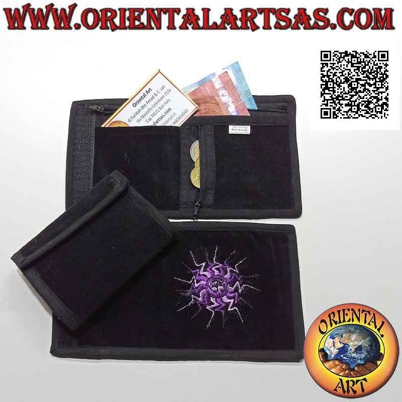 Cartera nepalesa (4 bolsillos con 2 cremalleras) "el sol con decoración central" en terciopelo 100% algodón