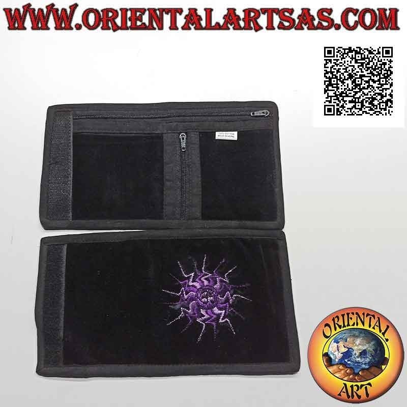 Portafogli nepalese (4 tasche con 2 zip) "il sole con decoro centrale" in velluto di cotone 100%