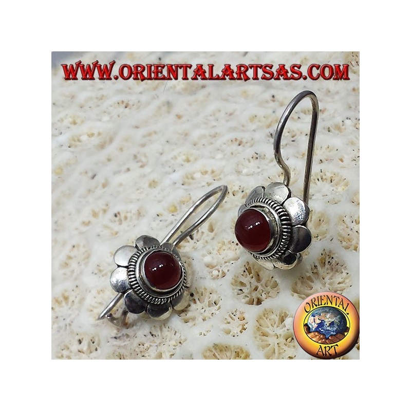silver earrings, floret with carnelian round