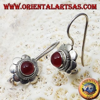 boucles d'oreilles en argent, avec fleuron rond cornaline