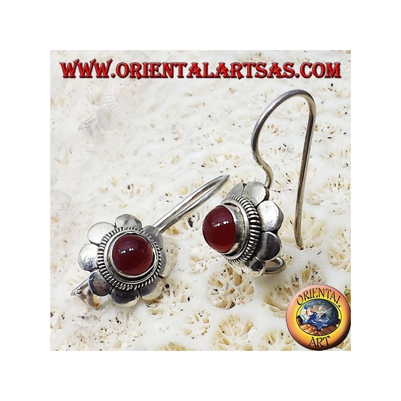 silver earrings, floret with carnelian round