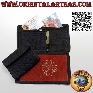 Portafogli nepalese (4 tasche con 2 zip) "decorazione floreale" in 100% cotone