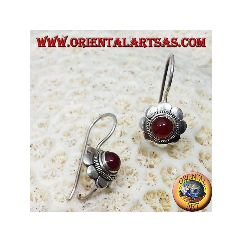 silver earrings, floret with carnelian round