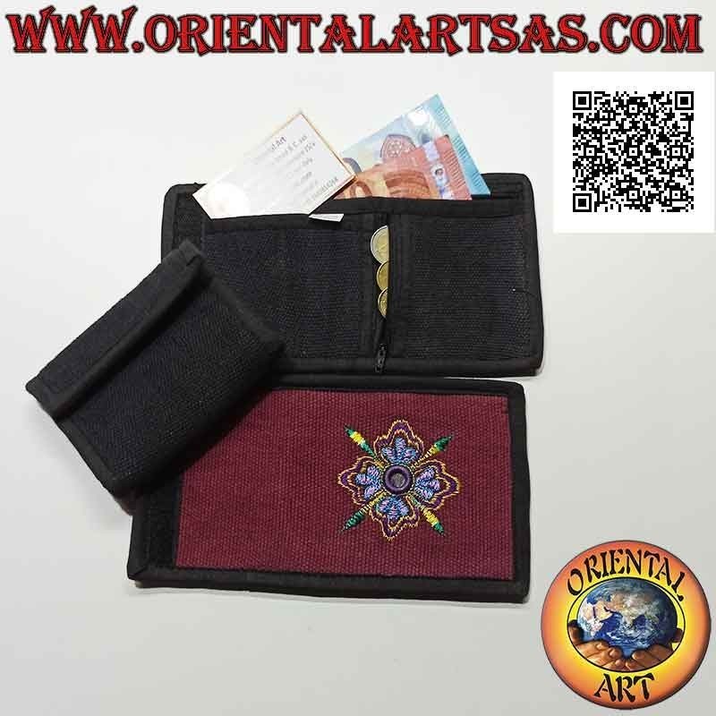 Nepalese wallet (4 pockets with 2 zips) "flower with central mirror" in 100% cotton (2)