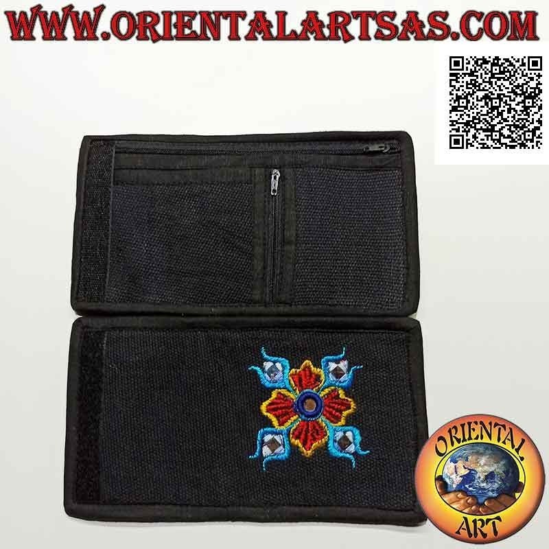 Cartera nepalí (4 bolsillos con 2 cremalleras) "decoración floral con 5 espejos" en 100% algodón (4)