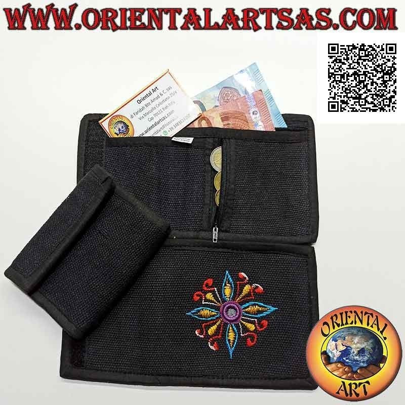Nepalese wallet (4 pockets with 2 zips) "flower with central mirror" in 100% cotton (6)