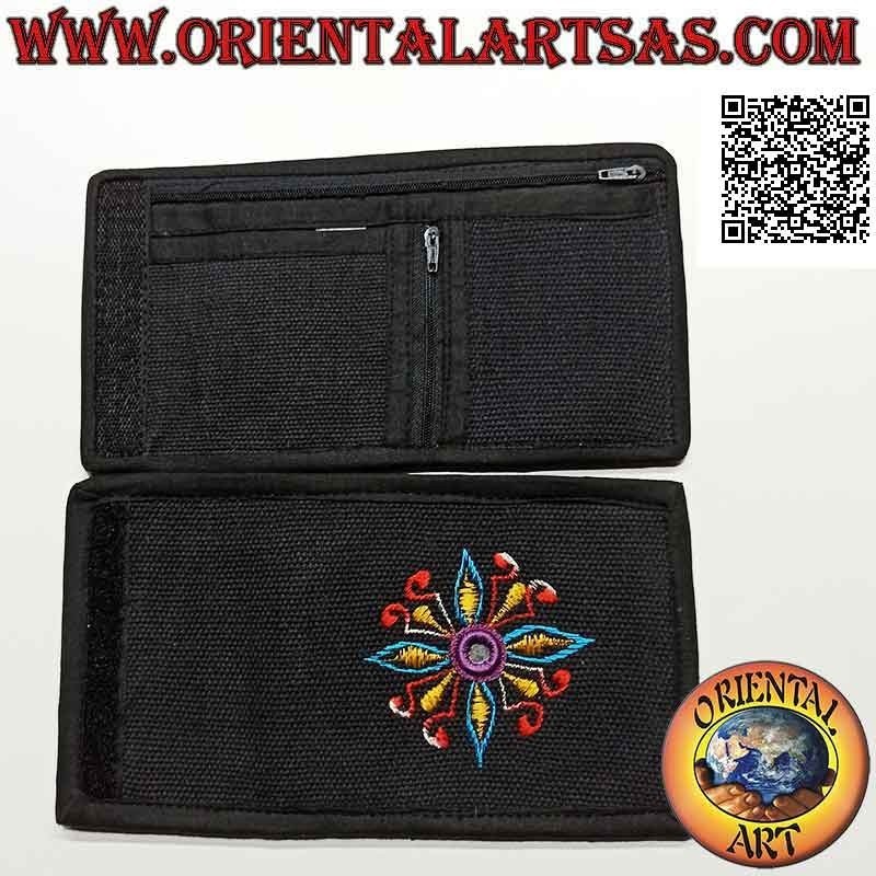 Cartera nepalí (4 bolsillos con 2 cremalleras) "flor con espejo central" en 100% algodón (6)