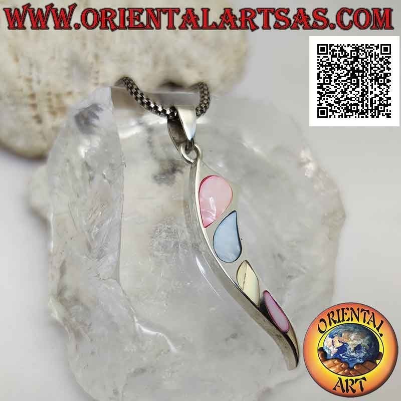 Flat and smooth silver "lucky charm" horn pendant with wire drops of multicolor mother-of-pearl