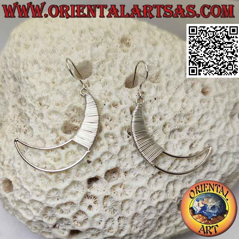 Silver leverback earrings with moon and two-dimensional rolled wire