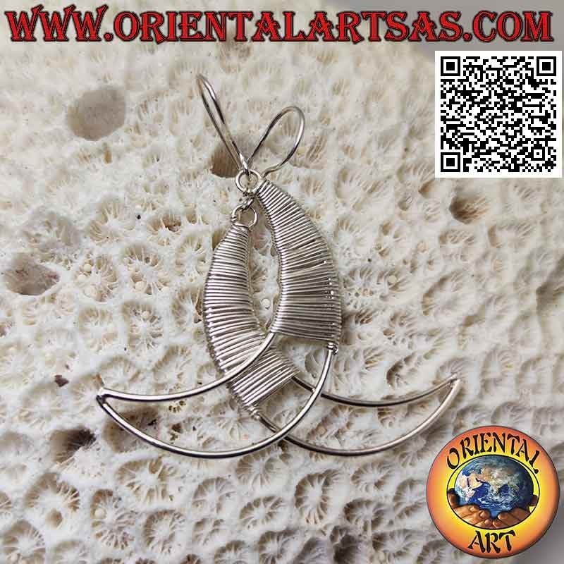 Silver leverback earrings with moon and two-dimensional rolled wire