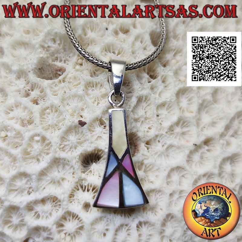 Pendentif trapèze isocèle incurvé en argent avec mosaïque de nacre multicolore