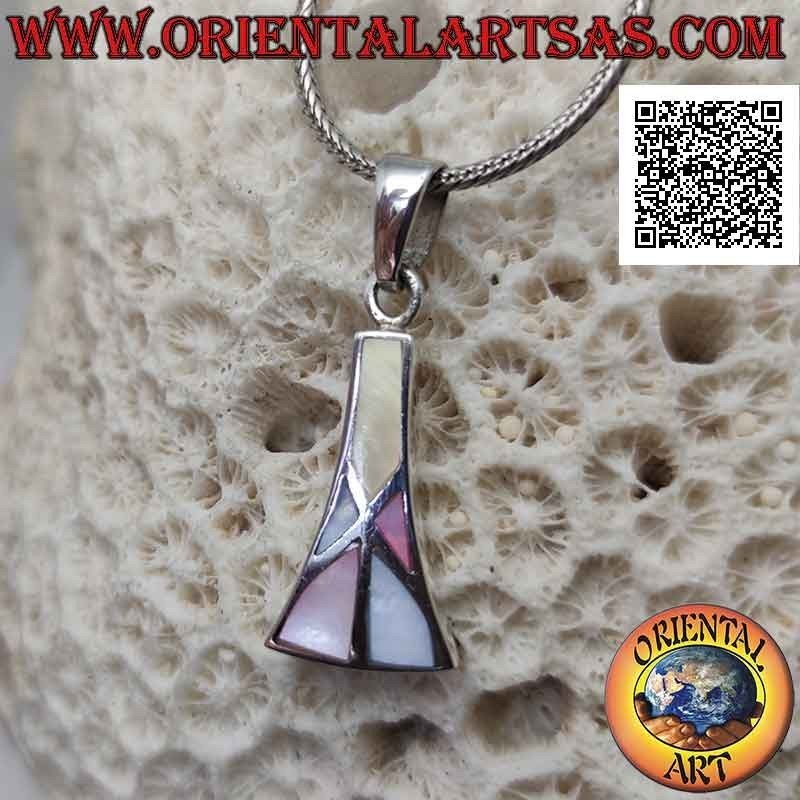 Ciondolo in argento a trapezio isoscele curvo con mosaico di madreperla multicolor a filo