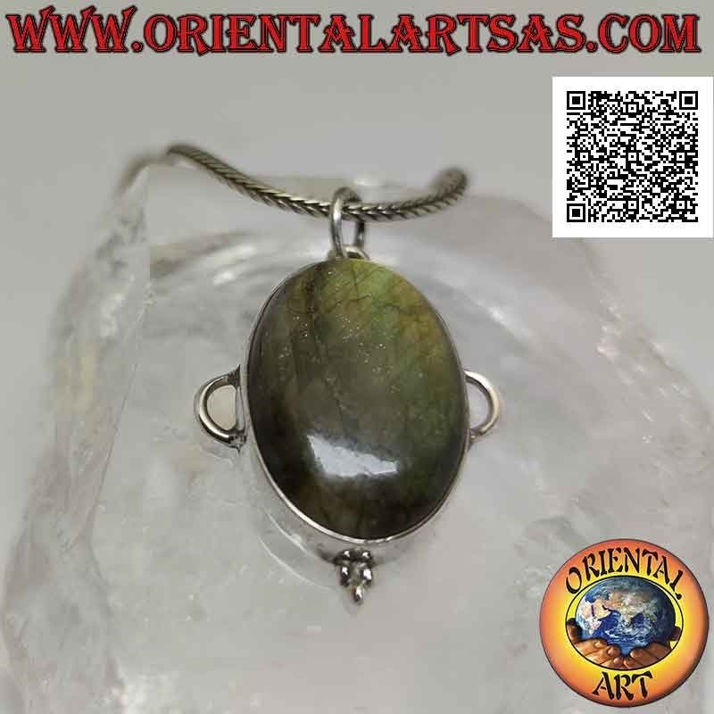 Silver pendant with large oval cabochon labradorite, perforated semicircle on the sides and trio of balls below