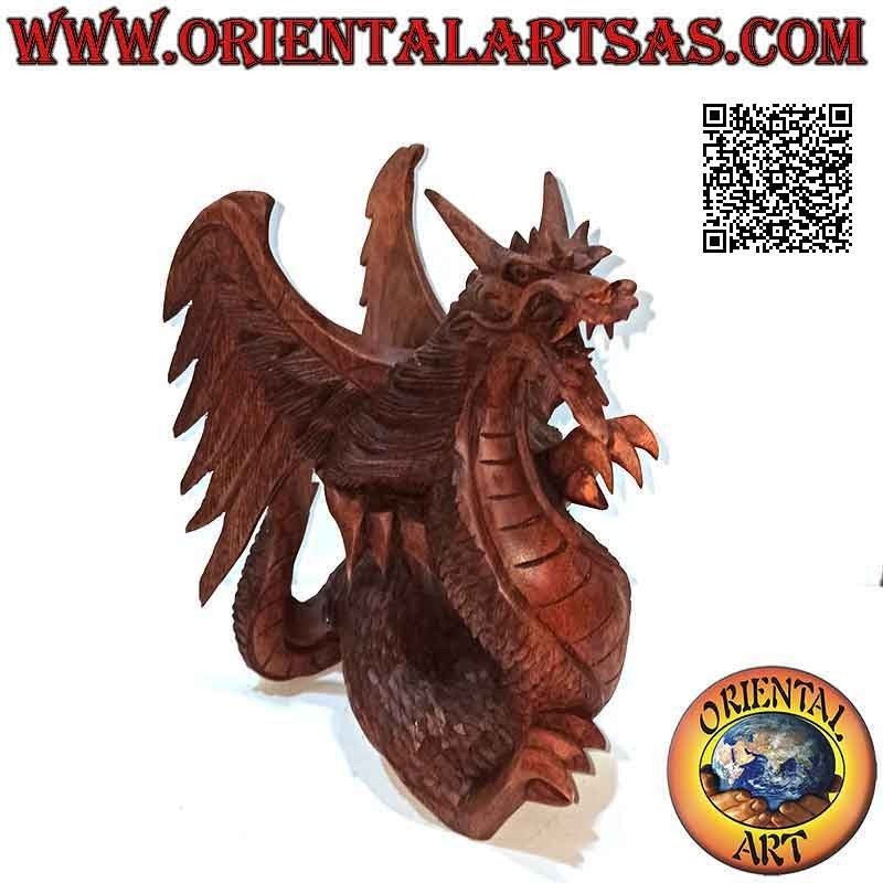 Handgeschnitzte Skulptur eines wandelnden geflügelten Drachen aus Suarholz, 22 cm
