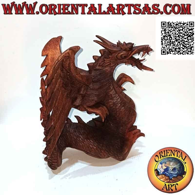 Scultura drago alato in cammino intagliato a mano in legno di suar da 22 cm