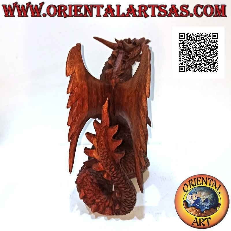 Scultura drago alato in cammino intagliato a mano in legno di suar da 22 cm