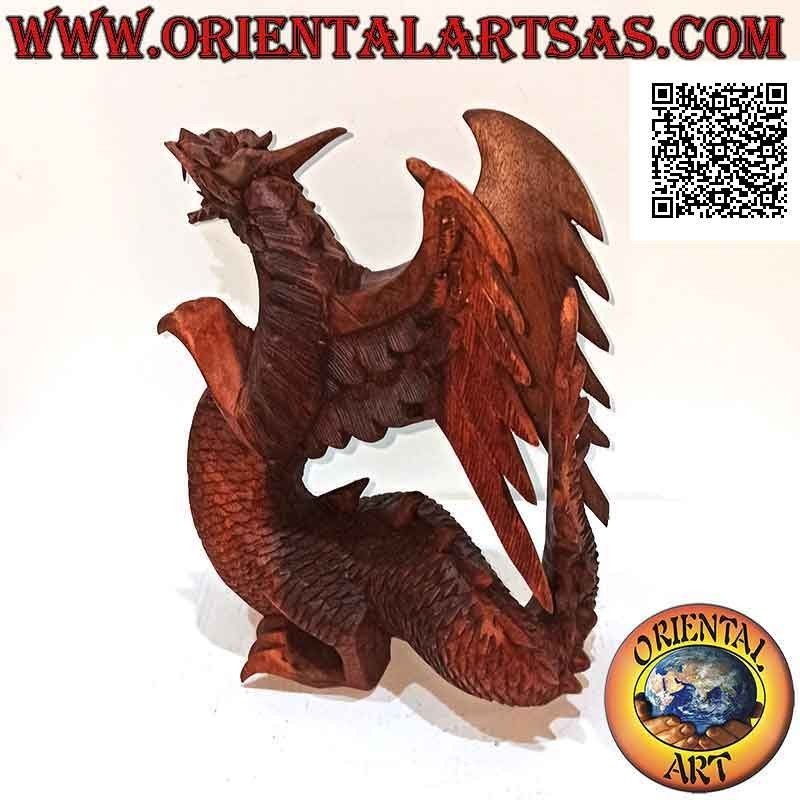 Scultura drago alato in cammino intagliato a mano in legno di suar da 22 cm