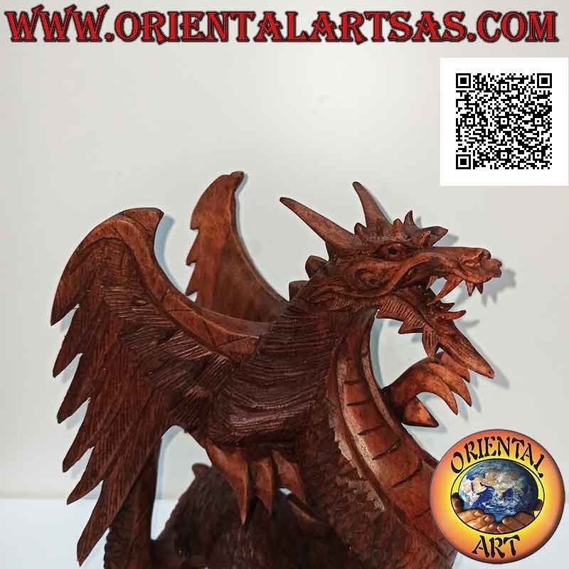 Sculpture dragon ailé marchant sculpté à la main en bois de suar mesurant 22 cm