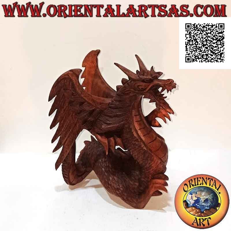 Scultura drago alato in cammino intagliato a mano in legno di suar da 22 cm