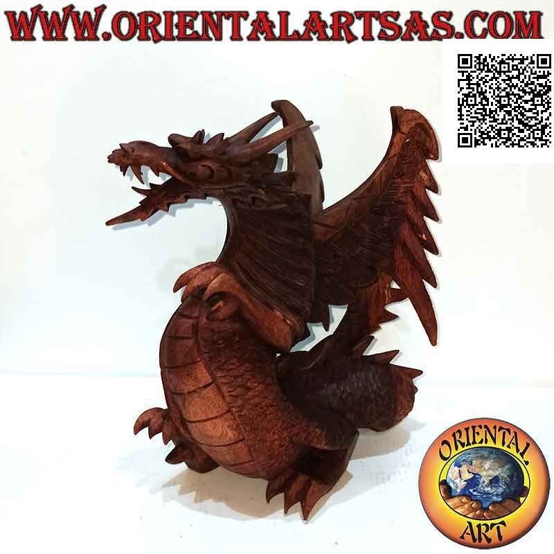 Sculpture dragon ailé marchant sculpté à la main en bois de suar mesurant 22 cm