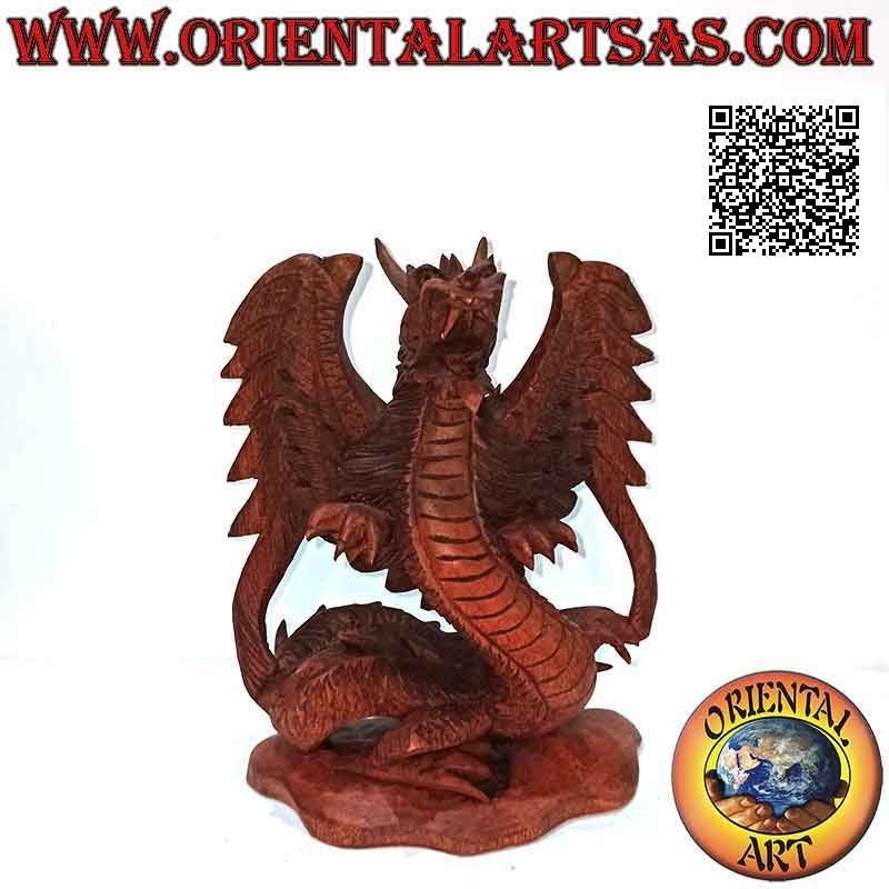 Escultura de dragón alado con alas desplegadas tallada a mano en madera de suar de 22 cm