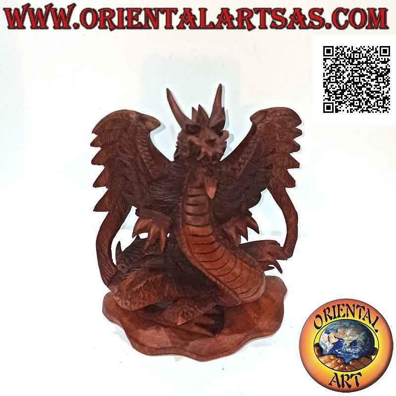 Scultura drago alato ad ali spiegate intagliato a mano in legno di suar da 22 cm