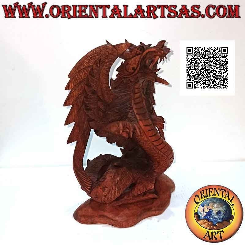 Geflügelte Drachenskulptur mit ausgebreiteten Flügeln, handgeschnitzt aus Suarholz von 22 cm