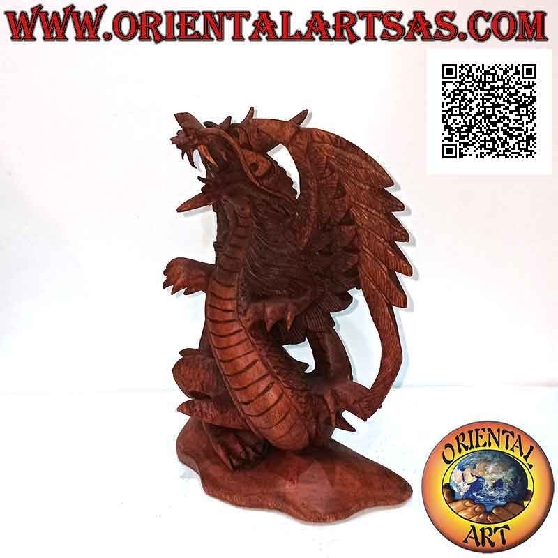 Scultura drago alato ad ali spiegate intagliato a mano in legno di suar da 22 cm