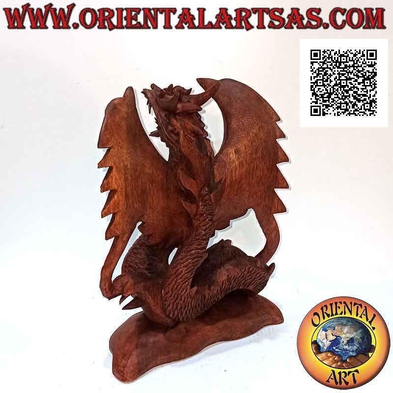 Geflügelte Drachenskulptur mit ausgebreiteten Flügeln, handgeschnitzt aus Suarholz von 22 cm