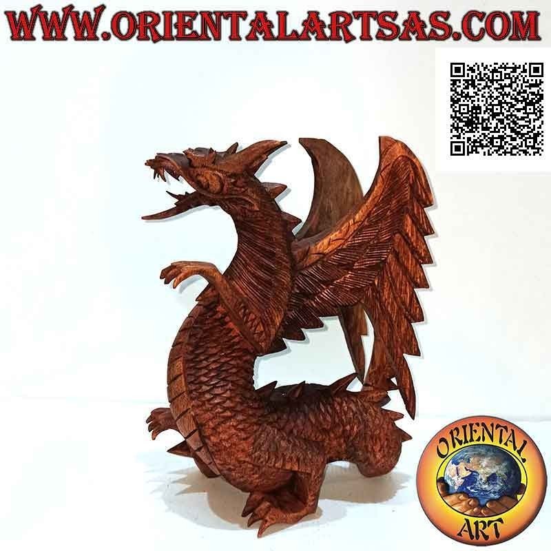 Scultura drago alato in cammino intagliato a mano in legno di suar da 27 cm